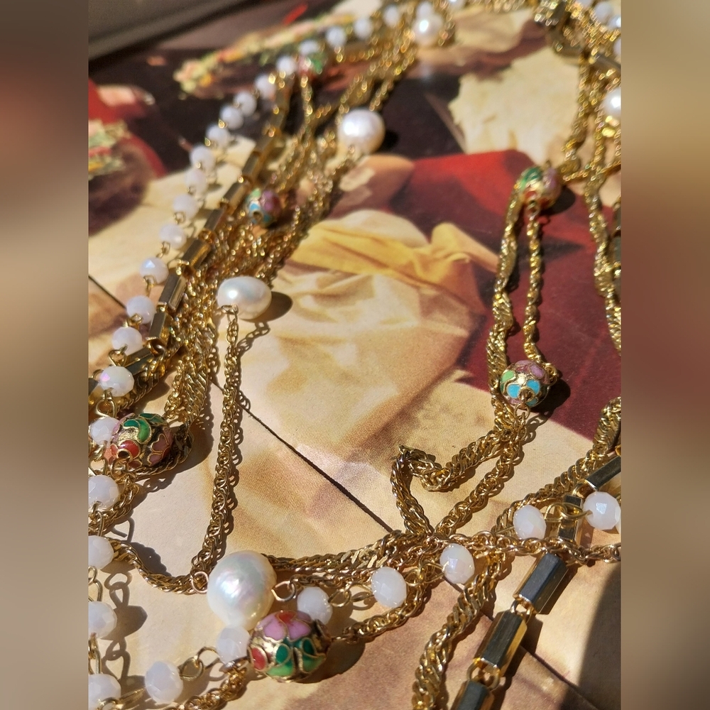 Multi-Layered Gold & Pearl Necklace - Picture 10 of 13